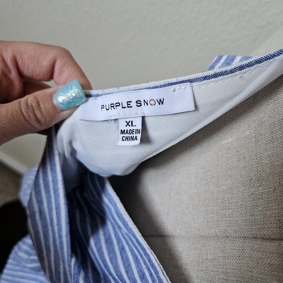 Purple Snow Linen Blend White / Blue Striped Romper XL - Picture 6 of 8